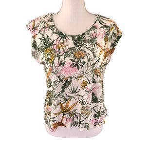 Rachel Zoe Linen Tropical Print Blouse Jungle Safari Top Short Sleeve Size S